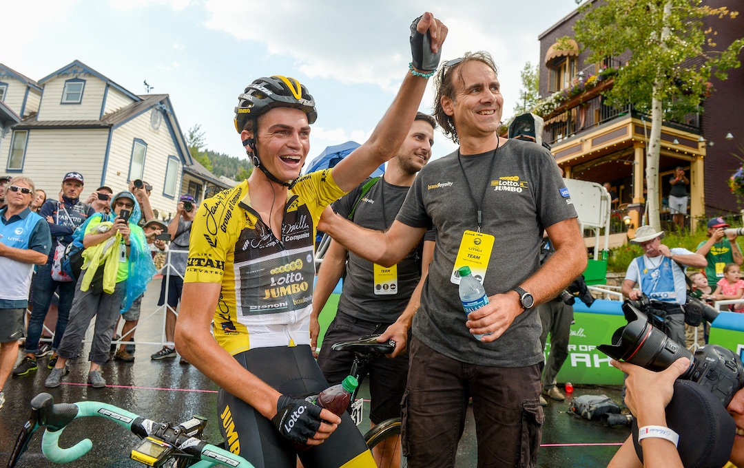 Leah Hogsten  |  The Salt Lake Tribune   Tour of Utah overall winner Sepp Kuss with Team Lotto NL-Jumbo celebrates with his teammates and fans after the Stage 6 Park City finish Sunday, August 12, 2018.  .  