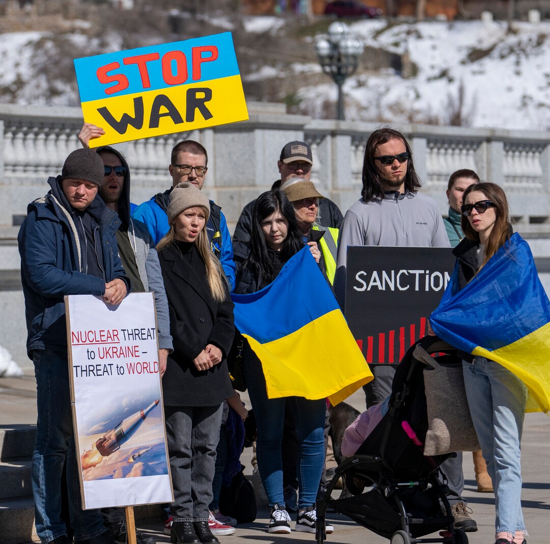 (Rick Egan | The Salt Lake Tribune) Hundreds of protesters, for a rally against Russia's invasion of Ukraine, organized by the Utah Ukrainian association, on Saturday, March 12, 2022.