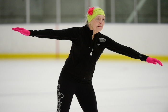 (Francisco Kjolseth  |  The Salt Lake Tribune)  Marci Richards, 73, of Milwaukee, Wisconsin takes to the ice for a practice session as she gets ready to compete in the 2019 U.S. Adult Figure Skating Championships, now in its 25th year, being held at the SLC Sports Complex. Richards who started skating to recover following a skiing accident has competed in 18 Adult Nationals and loves to skate. Over 600 skaters between 21 and 80 will compete April 3-6.