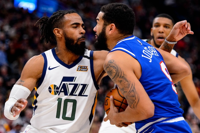 (Trent Nelson  |  The Salt Lake Tribune) Utah Jazz guard Mike Conley (10) defends Sacramento Kings guard Cory Joseph (9) as the Utah Jazz host the Sacramento Kings, NBA basketball in Salt Lake City on Saturday, Jan. 18, 2020.