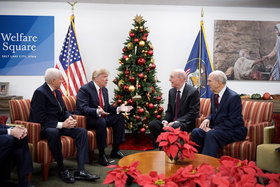 (Courtesy of LDS Church)  President Henry B. Eyring of the ChurchÕs First Presidency and President Russell M. Nelson of the Quorum of the Twelve Apostles visit with U.S. President Donald J. Trump and U.S. Senator Orrin Hatch from Utah at Welfare Square in Salt Lake City, December 4, 2017.