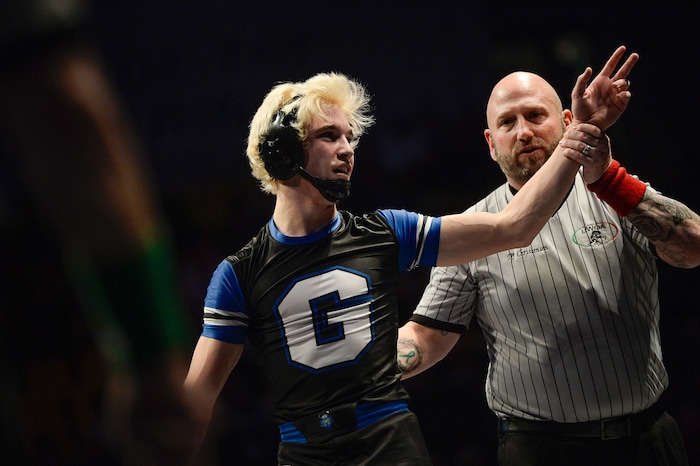 (Francisco Kjolseth  |  The Salt Lake Tribune)  Cole Zorn of Pleasant Grove celebrates his win over teammate Luis Garcia in the Class 6A 132 weight class state wrestling championship match at the Utah Valley University UCCU Center on Thursday, Feb. 8, 2018.