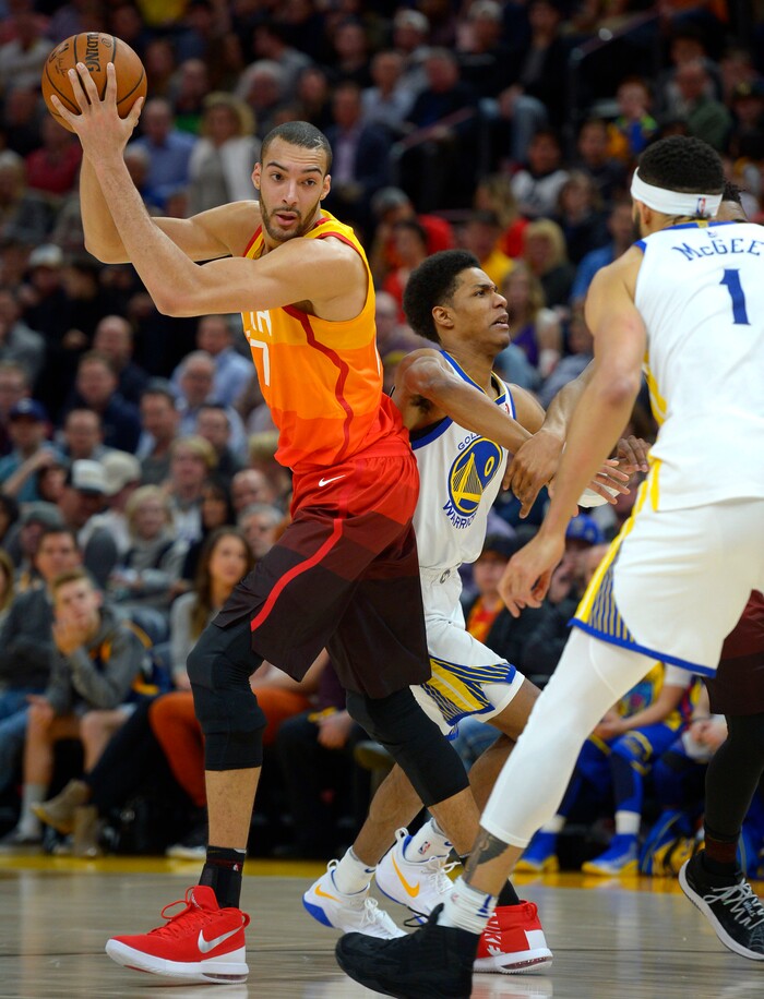 (Steve Griffin  |  The Salt Lake Tribune) Utah Jazz center Rudy Gobert (27) holds the ball during the Utah Jazz versus Golden State Warriors at Vivint Smart Home Arena in Salt Lake City Tuesday January 30, 2018.