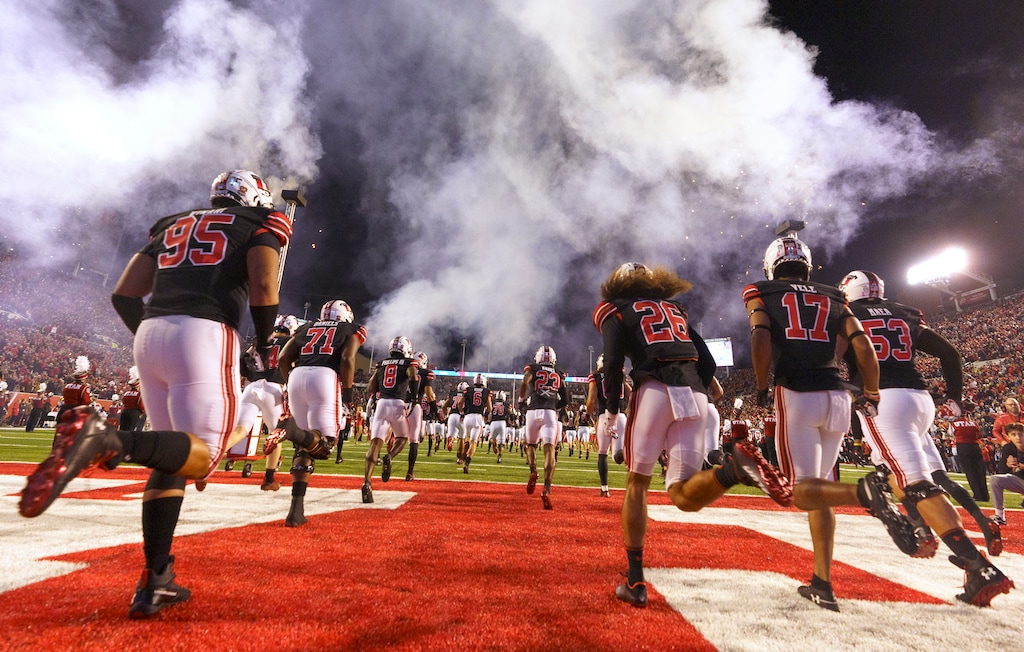 (Leah Hogsten | The Salt Lake Tribune) The University of Utah football team takes the field as they host the Arizona Sun Devils in Pac-12 action at Rice-Eccles Stadium, Oct. 10, 2021. 