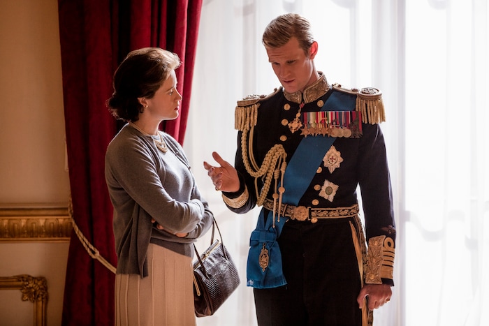(Photo courtesy of Robert Viglasky/Netflix) Queen Elizabeth (Claire Foy) and Prince Philip (Matt Smith) discuss his investiture in “The Crown.”