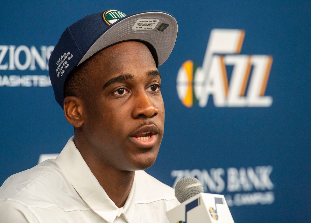 (Rick Egan  |  The Salt Lake Tribune)   Utah Jazz draft pick Miye Oni, answers a question during a news conference at the Zions Bank Basketball Campus, Thursday, June 27, 2019.