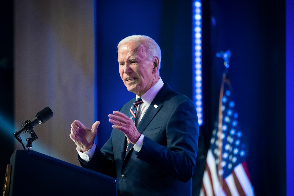 President Joe Biden delivers his first speech of the 2024 election year in Blue Bell, Pa. on Jan. 5, 2024. With the disreputable Donald Trump challenging the disfavored President Biden, the 2024 race has become the embodiment of Oscar Wilde’s witticism about fox hunting: “the unspeakable in pursuit of the inedible,” as Maureen Dowd writes. (Pete Marovich/The New York Times)