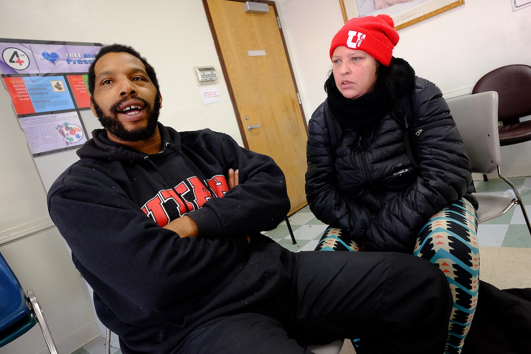 (Francisco Kjolseth  |  The Salt Lake Tribune) David Christopher Thomas and his wife Virginia spend time in the day room of the Weigand Center on Wednesday, Dec. 18, 2019, where Catholic Community Services hosts a weekly town hall meeting to get more input from its homeless clients.