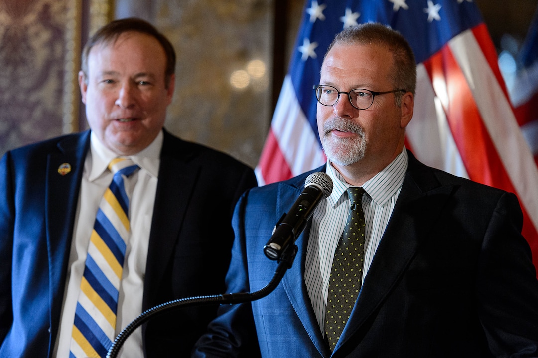 Trent Nelson  |  The Salt Lake TribuneSen. Jim Dabakis, D-Salt Lake City and Sen. Stephen Urquhart, R-St. George speak about the call by the LDS Church for non-discrimination, during a press conference at the state capitol building in Salt Lake City, Tuesday January 27, 2015.