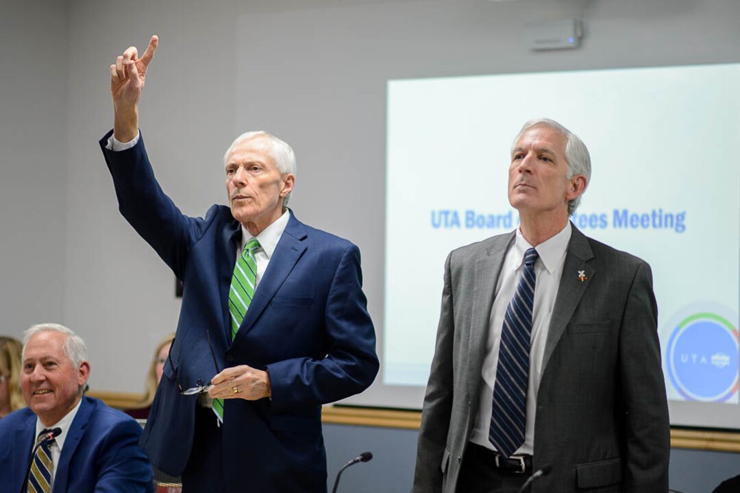 (Trent Nelson | The Salt Lake Tribune)  Board Chair Greg Bell and Interim Executive Director Steve Meyer at the start of the final meeting of the current UTA Board in Salt Lake City on Thursday Oct. 25, 2018. After scandals, the Legislature restructured the agency. And the current 16-member, part-time board is about to be replaced by a new full-time, three-member commission by Nov. 1. At left is Jeff Agerson.