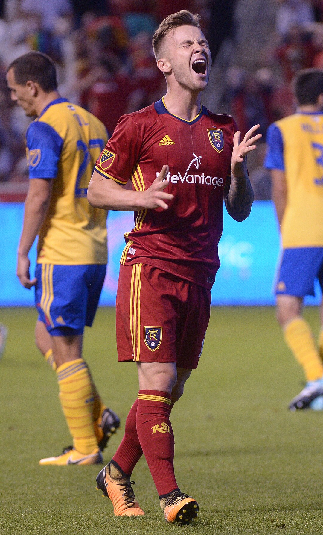 (Leah Hogsten  |  The Salt Lake Tribune) Real Salt Lake midfielder Albert Rusnak (11) laments a missed opportunity.  Real Salt Lake are 2-0 against the Colorado Rapids for the Rocky Mountain Cup at Rio Tinto Stadium, Saturday, August 26, 2017. 