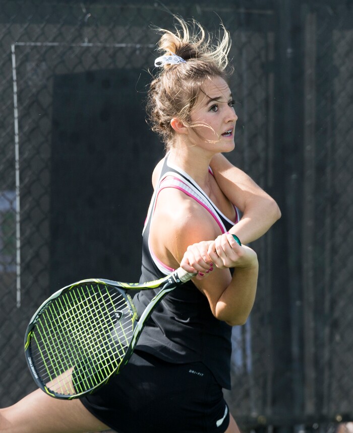 (Rick Egan  |  The Salt Lake Tribune) Mackenzie Turley, Davis High, plays Daniella Aaron, Lone Peak, in the 6A High School tennis championship game.  Turley defeated Aaron to place first in the #1 singles Friday, October 6, 2017.



