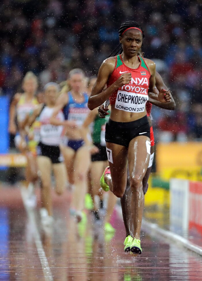 Kenya's Beatrice Chepkoech leads a Women's 3000m Steeplechase heat during the World Athletics Championships in London Wednesday, Aug. 9, 2017. (AP Photo/David J. Phillip)