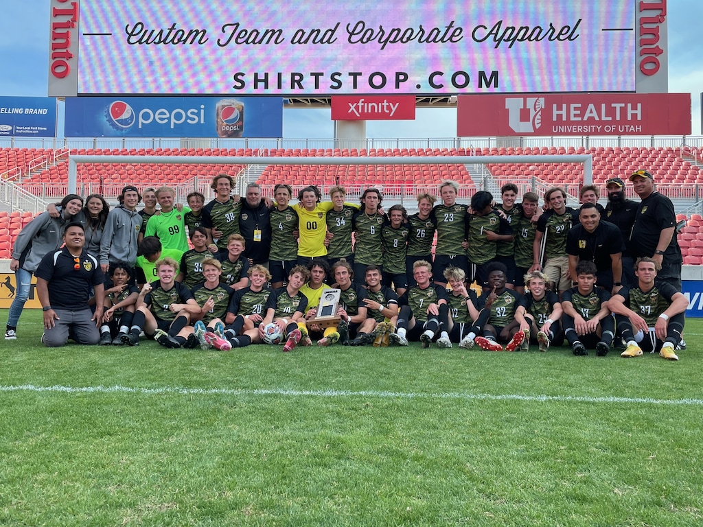 (Alex Vejar | The Salt Lake Tribune) The Wasatch High School boys’ soccer team poses for a photo after winning the 5A state championship over the Skyline Eagles on Friday, May 28 at Rio Tinto Stadium.