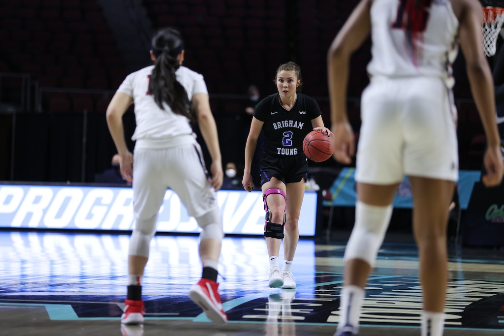(Photo courtesy of WCC Sports) BYU guard Shaylee Gonzales (2) slowly moves up the court in the first half of the WCC Championship game against Gonzaga.