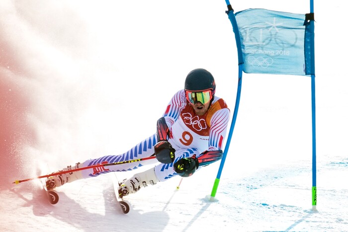 (Chris Detrick  |  The Salt Lake Tribune) Park City's Ted Ligety competes in the Men's Giant Slalom Run 1 during the Pyeongchang 2018 Winter Olympics Sunday, Feb. 18, 2018. Ligety finished this run in 20th place with a time of 1:10.71.