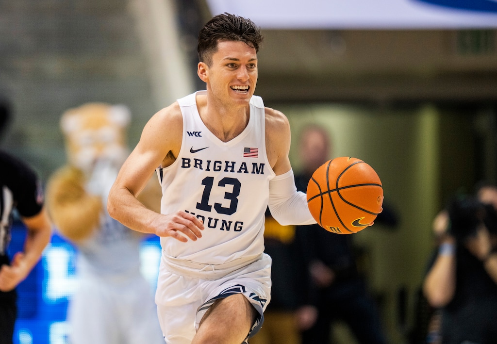 (Rick Egan | The Salt Lake Tribune) Brigham Young guard Alex Barcello (13) leads a fast break for the Cougars, in WCC basketball action at the Marriott Center in Provo, on Thursday, Feb. 24, 2022.