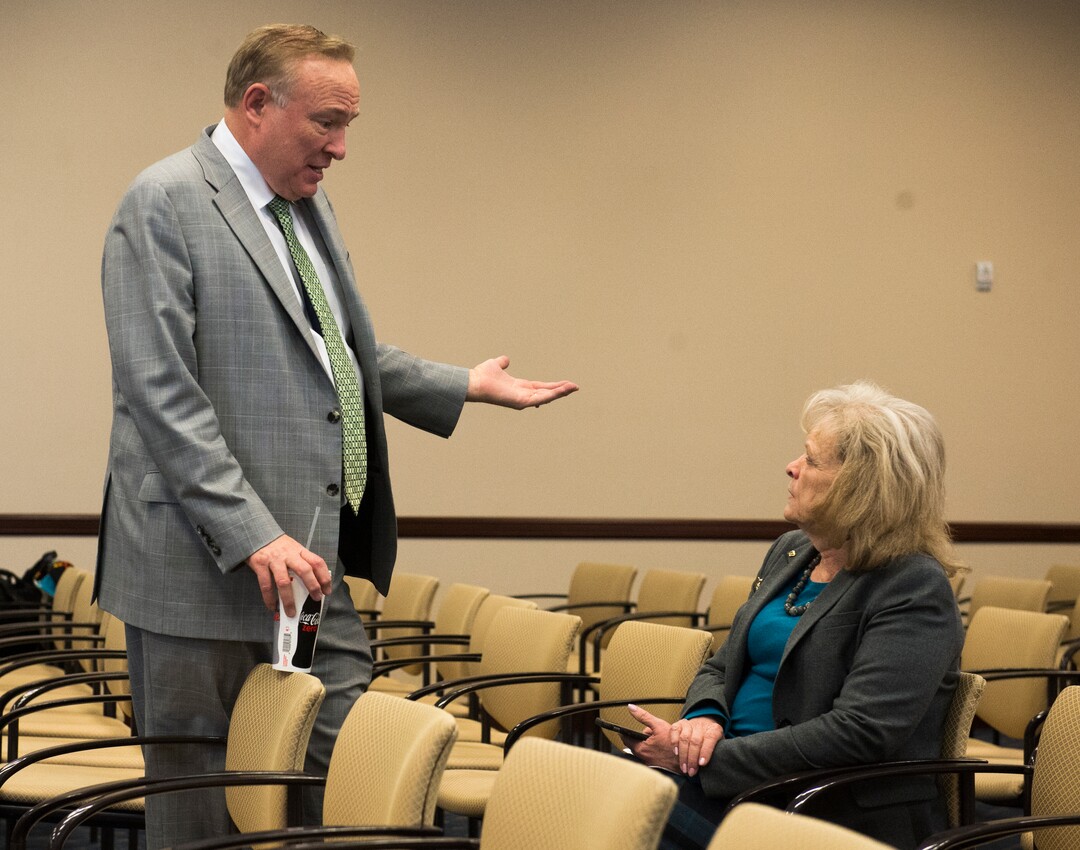 (Rick Egan  |  The Salt Lake Tribune)  Gayle Ruzicka, Utah Eagle Forum, talks to Sen. Jim Dabakis before the Senate Education Committee meeting at the Capitol, Friday, March 2, 2018.