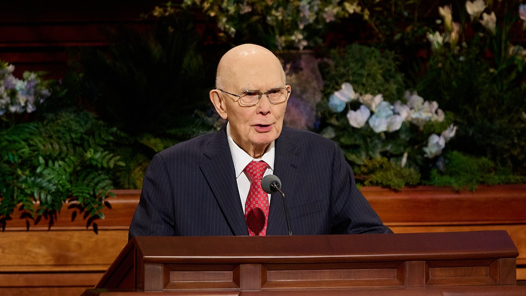 (The Church of Jesus Christ of Latter-day Saints) President Dallin H. Oaks speaks at the end of the afternoon session of General Conference at the Conference Center in Salt Lake City, Sunday, April 5, 2026.