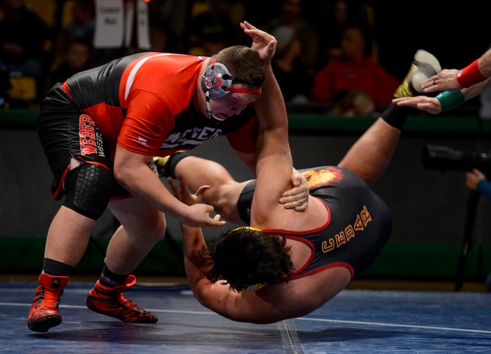 (Steve Griffin  |  The Salt Lake Tribune) Brady Briskey, of Weber,  tosses Daniel Jordan, of Cedar, to the mat during the All-Star Duals wrestling at Utah Valley University's UCCU Center in Orem Tuesday January 9, 2018.