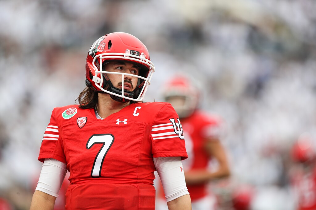 (Meg Oliphant | Special to The Tribune) Utah quarterback Cameron Rising (7) looks on during warm ups before the game against the Penn State Nittany Lions at Rose Bowl Stadium on Jan. 2, 2023 in Pasadena, Calif.