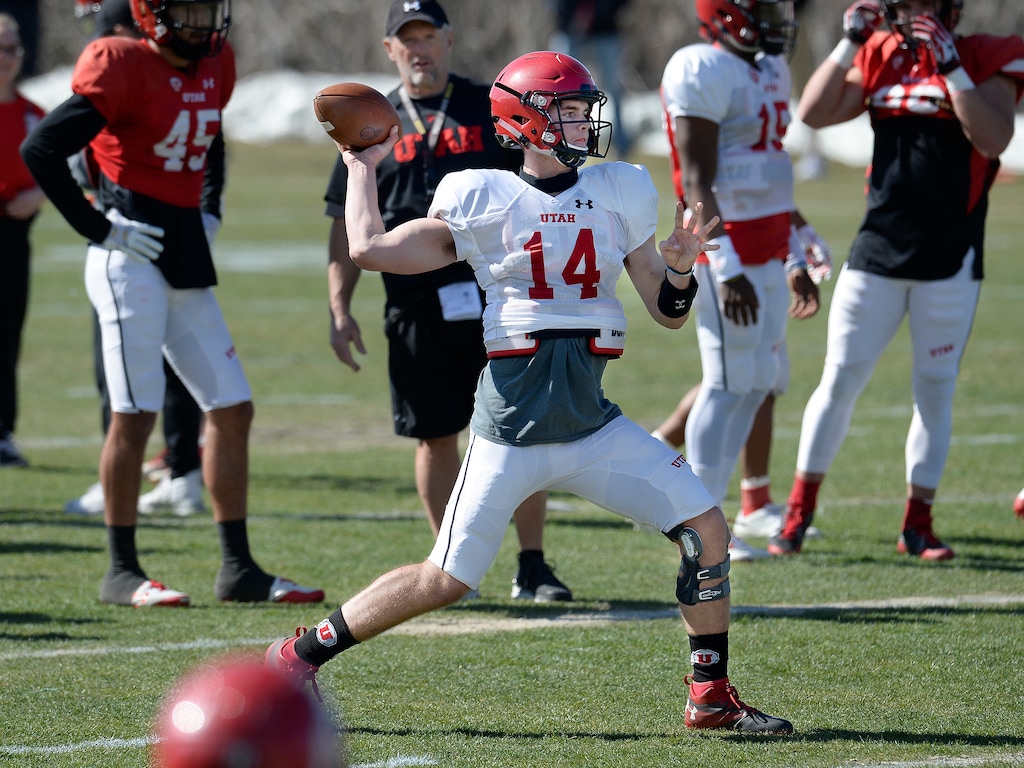 Scott Sommerdorf | The Salt Lake TribuneQB Jack Tuttle passes during Utah spring football practice, Saturday, March 10, 2018.