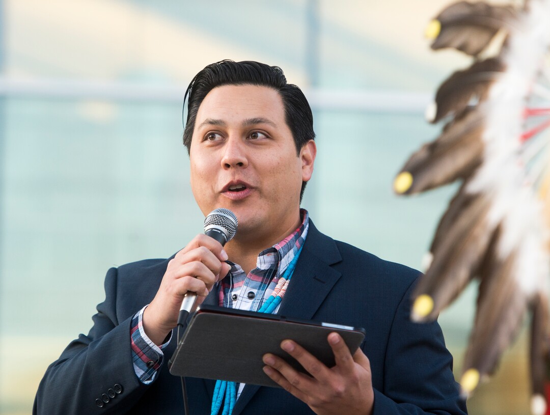 (Rick Egan  |  The Salt Lake Tribune)  James Singer gives a speech, during the Indigenous Peoples Day celebration, hosted by the Utah League of Native American Voters and PANDOS (Peaceful Advocates for Native Dialogue and Organizing Support) at the Salt Lake City Library, Monday, October 9, 2017.