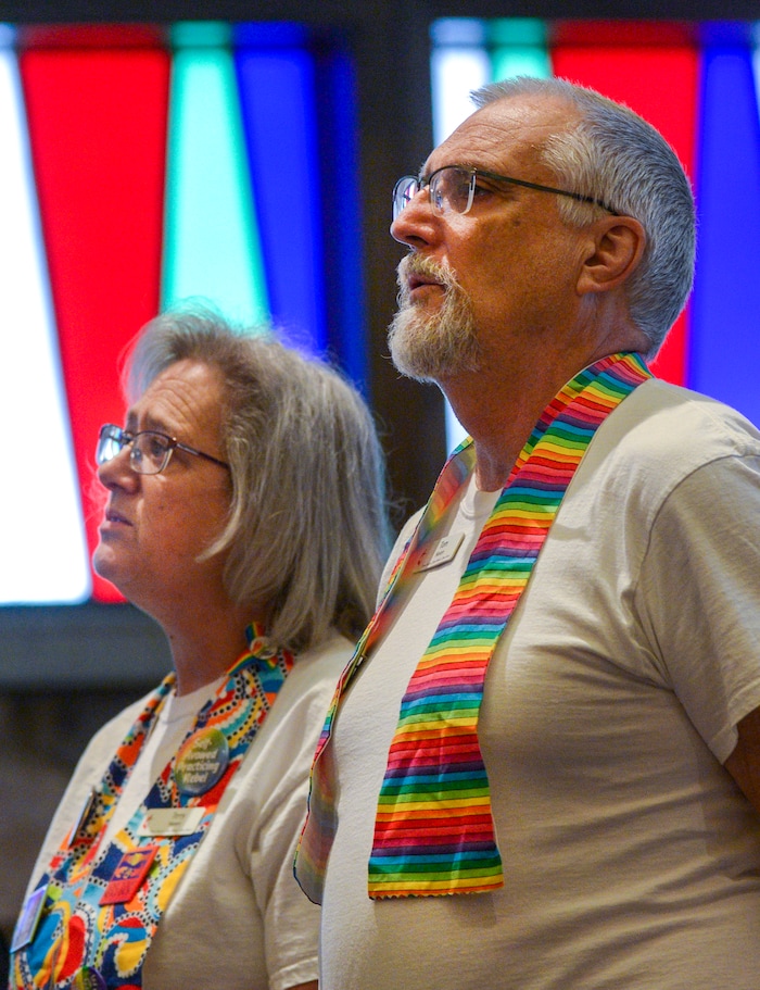 Leah Hogsten | The Salt Lake Tribune l-r Terry and Tom Haven and the congregation at Christ United Methodist Church were awash in rainbows during Sunday services, March 3, 2019 in a show of solidarity for its LGBTQ members. Last week in St. Louis, international delegates for the UMC voted to continue the faith’s ban on same-sex weddings and ordination of LGBTQ clergy. Many pastors and congregations in Utah and the U.S. were disappointed by the vote, which could ultimately cause a split in the ranks.
