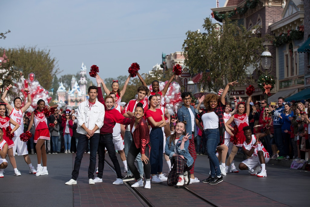 (Photo courtesy of ABC/Image Group LA) The cast of "High School Musical: The Musical: The Series" at Disneyland — Matt Cornett, Larry Saperstein, Sofia Wylie, Joshua Bassett, Olivia Rodrigo, Julia Lester, Frankie Rodriguez, and Dara Renee.