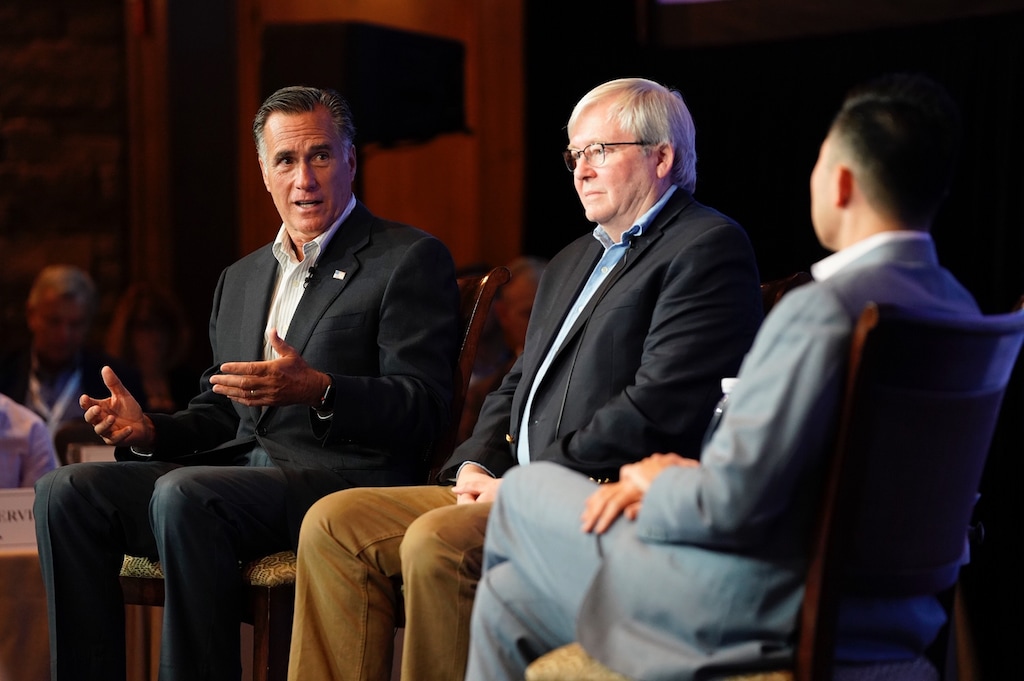 (Courtesy of E2 Summit) Sen. Mitt Romney, R-Utah, and former Australian prime minister Kevin Rudd discuss China and U.S. foreign policy during the 2019 E2 Summit in Park City.