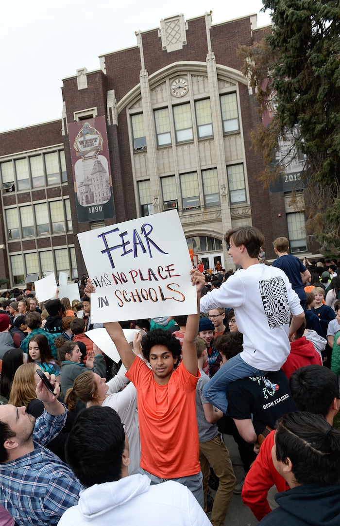 (Francisco Kjolseth  |  The Salt Lake Tribune)  West High School sophomore Vinay Bandiatmakur, 15, joins a student walkout on Wed. March 14, 2018. Students in Utah and around the country planned the large-scale coordinated demonstration to protest gun violence and memorialize victims of last month's mass shooting at Marjory Stoneman Douglas High School in Parkland, Fla.