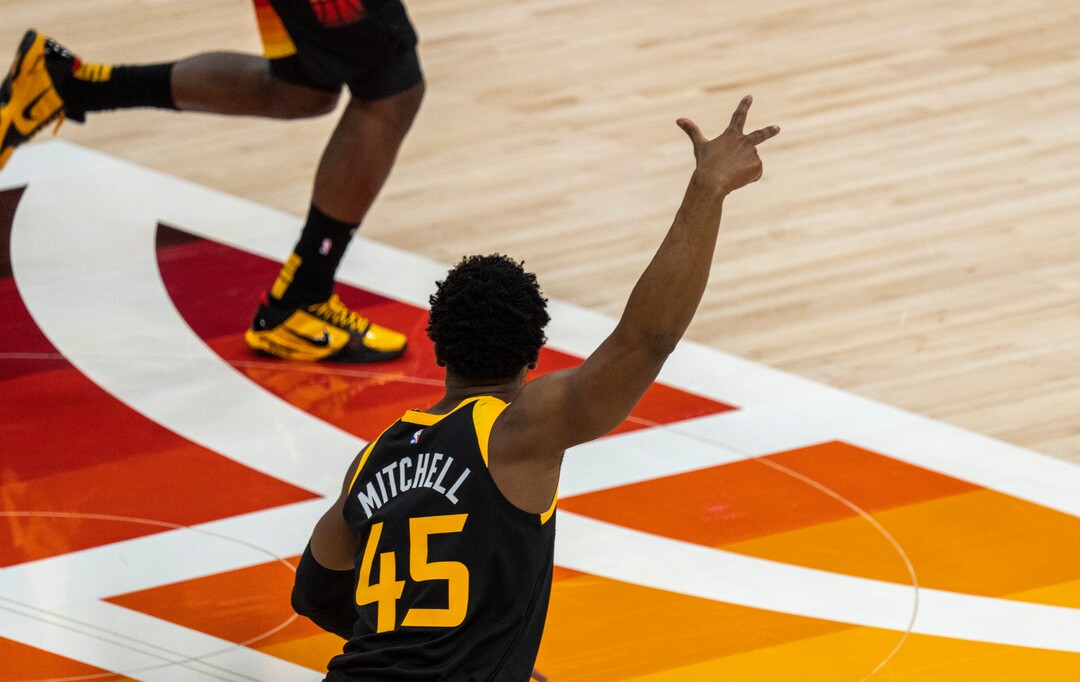 (Rick Egan | The Salt Lake Tribune) Utah Jazz guard Donovan Mitchell (45)  reacts after hitting his first shot of the night, in NBA Playoff game 2, between the Utah Jazz and the Memphis Grizzlies at Vivint Arena, on Wednesday, May 26, 2021.
