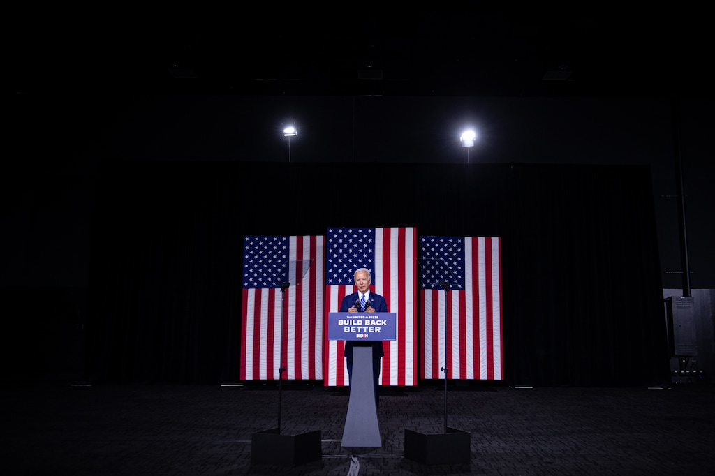 (Kriston Jae Bethel | The New York Times) Former Vice President Joe Biden, the Democratic Party’s presumptive presidential nominee, speaks in Wilmington, Del. on Tuesday, July 14, 2020. Biden announced a new plan to spend $2 trillion over four years to significantly escalate the use of clean energy in the transportation, electricity and building sectors, part of a suite of sweeping proposals designed to create economic opportunities and build infrastructure while also tackling climate change.