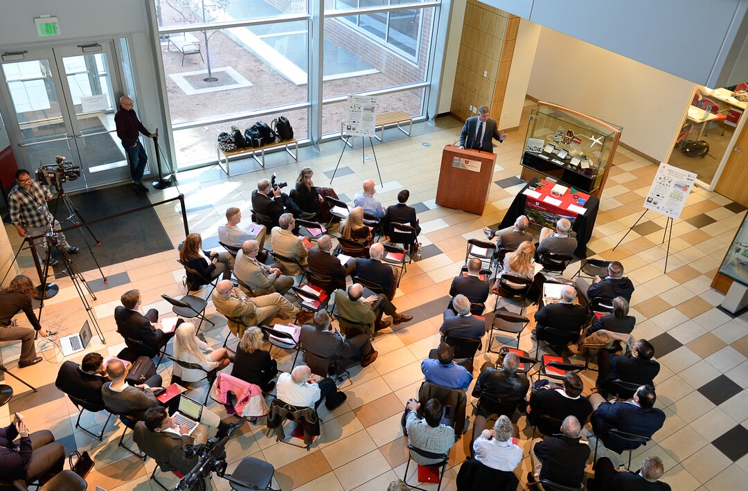 (Francisco Kjolseth  |  The Salt Lake Tribune)  The Catmull Gallery at Warnock Engineering Building at the University of Utah serves as the backdrop on Monday, April 9, to announce POWDER: Platform for Open Wireless Data-driven Experimental Research, as Salt Lake City becomes a "testbed" for the next generation of wireless technology. 