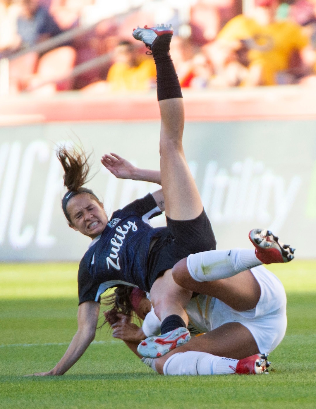 (Rick Egan  |  The Salt Lake Tribune)   Utah Royals FC defender Samantha Johnson (16) collides with Seattle Reign FC forward Shea Groom (2) in soccer action between Utah Royals FC and Seattle Reign FC in Sandy, Friday, June 28, 2019.