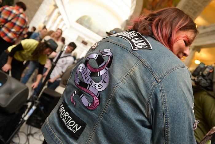 (Leah Hogsten | The Salt Lake Tribune) Dawn Nunn, rallies with fellow members of the SL,UT GRRRL Gang at Amplifying WomenÕs Voices rally to celebrate International WomenÕs Day at the Utah State Capitol Rotunda, hosted by KRCL Thursday, March 8, 2018.