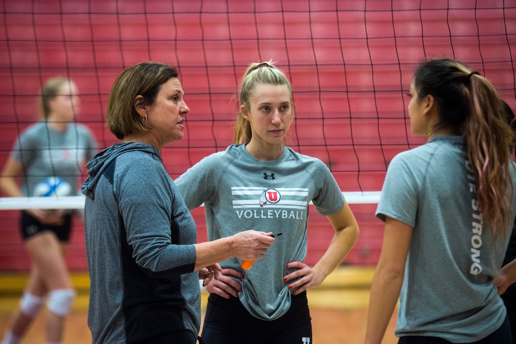 (Chris Detrick  |  The Salt Lake Tribune)  University of Utah head volleyball coach Beth Launiere talks to the team during a practice at Crimson Court Tuesday, December 5, 2017.  