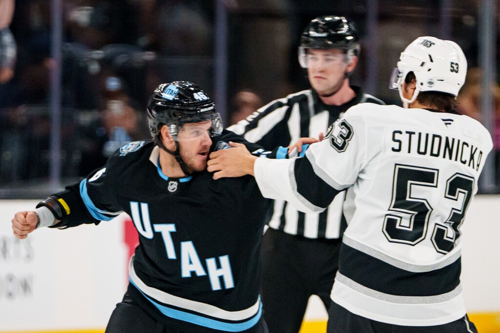 (Trent Nelson  |  The Salt Lake Tribune) Utah Hockey Club forward Travis Barron fights Los Angeles Kings center Jack Studnicka (53) as Utah Hockey Club hosts the Los Angeles Kings, NHL pre-season hockey in Salt Lake City on Monday, Sept. 23, 2024.
