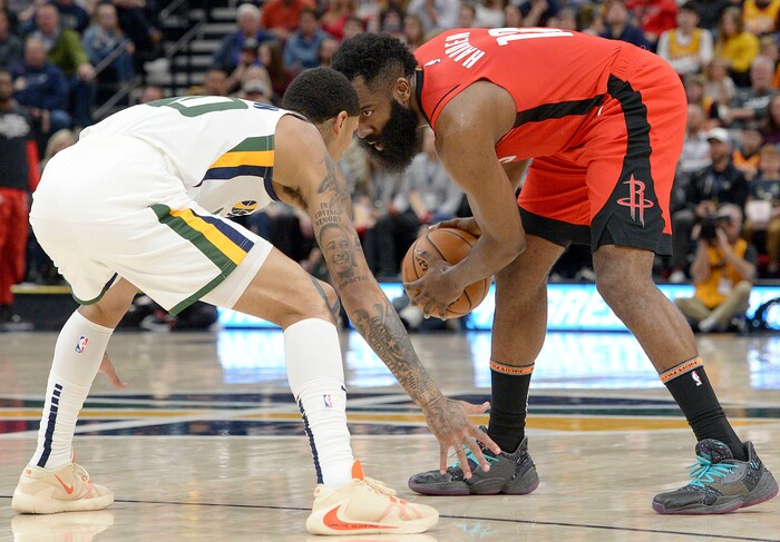 (Leah Hogsten  |  The Salt Lake Tribune) Utah Jazz guard Jordan Clarkson (00) and Houston Rockets guard James Harden (13).  The Utah Jazz lost to the Houston Rockets 110-120 at Vivint Arena, Feb. 22, 2020.