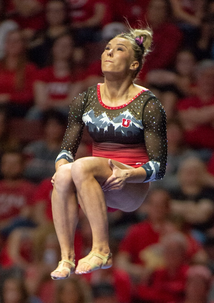 (Rick Egan  |  The Salt Lake Tribune)    MyKayla Skinner dismounts from the balance beam for Utah, in the PAC-12 Gymnastics Championships at the Maverik Center, Saturday, March 23, 2019.


