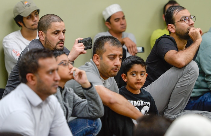Leah Hogsten  |  The Salt Lake Tribune  Utah Islamic Center members listen as U.S. Senate candidate Mitt Romney addresses the congregation, Oct. 26, 2018, before Friday special prayers.