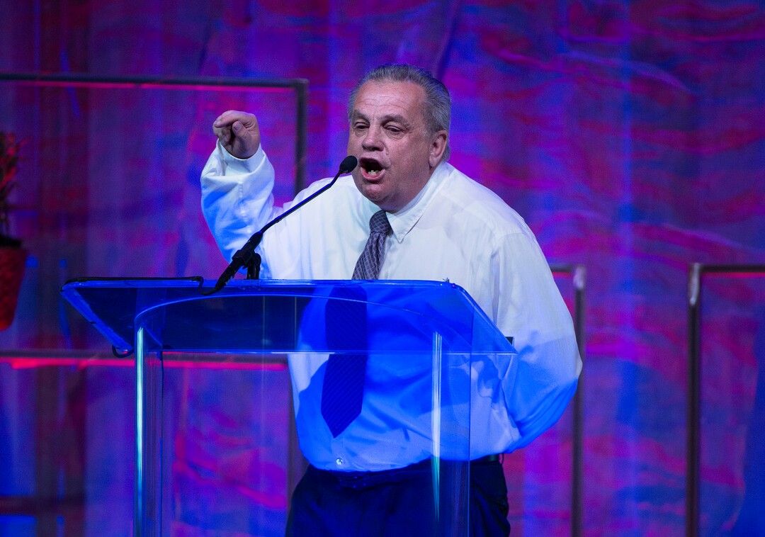 (Scott Sommerdorf | The Salt Lake Tribune)
Candidate Larry Livingston created a sensation at the convention when he gave a combative speech and ended it with "I'm not stupid!, You're stupid!" at the Democratic convention, Saturday, April 28, 2018 at the Salt Palace Convention Center in Salt Lake City, Utah.