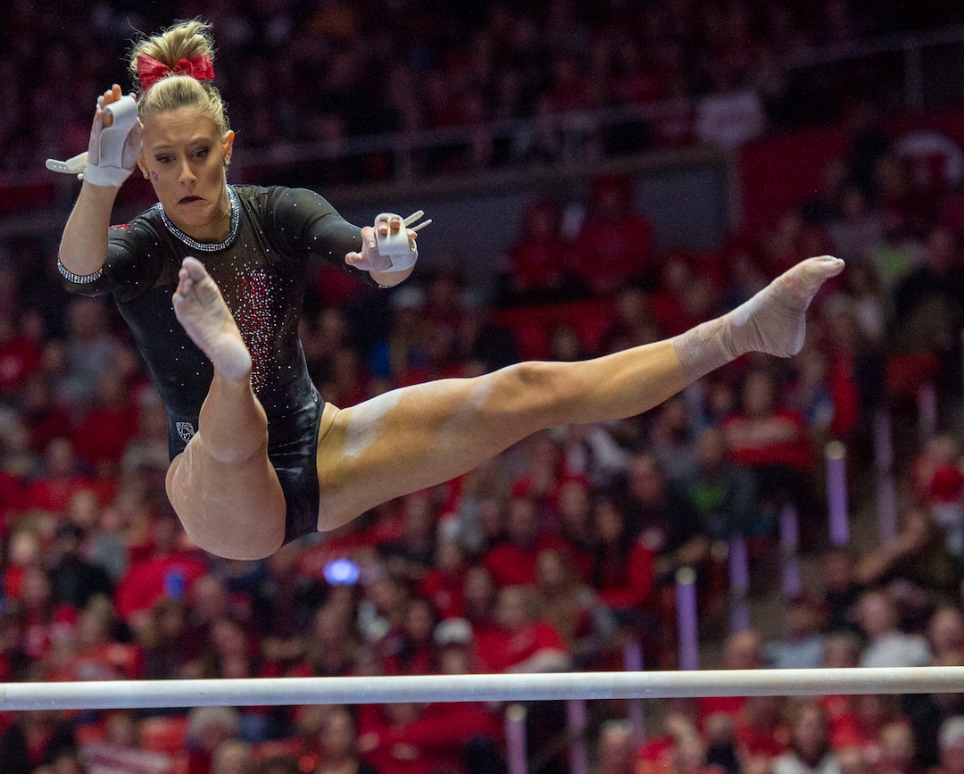 (Rick Egan  |  The Salt Lake Tribune)  THe Makenna Merrill-Giles competes on the uneven bars, in PAC-12 gymnastics action between the UCLA Bruins and the University of Utah, at the Jon M. Huntsman Center, Saturday, Feb. 23, 2019.