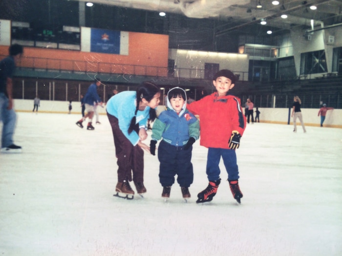 (photo courtesy Alice Chen) A young Nathan Chen, seen here at the Salt Lake City Sports Complex, skates with his sister, Alice, and older brother Colin.