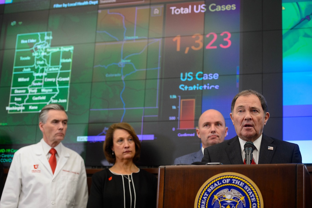 (Trent Nelson | The Salt Lake Tribune) Gov. Gary Herbert speaks at a news conference in the state's Emergency Operations Center on Thursday, March 12, 2020 addressing the current state of COVID-19 in Utah. Representatives from the Utah System of Higher Education, the Utah Board of Education, Utah Jazz, local health authorities and Utah Department of Health were also present.