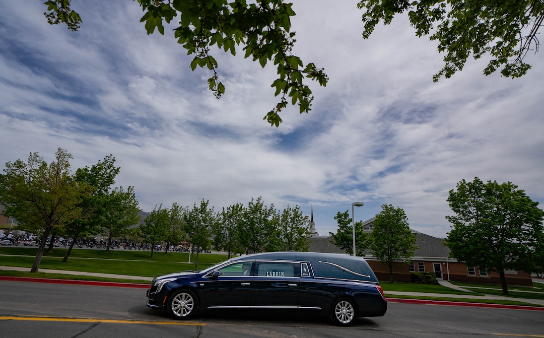 (Francisco Kjolseth | The Salt Lake Tribune) The hearse carrying former U.S. Sen. Orrin Hatch travels to his final resting place in Newton, Utah, following funeral services at the The Church of Jesus Christ of Latter-day Saints Institute of Religion in Salt Lake City on Friday, May 6, 2022. Hatch, the longest-serving Republican senator in U.S. history and the longest-serving from Utah, died April 23 at age 88.