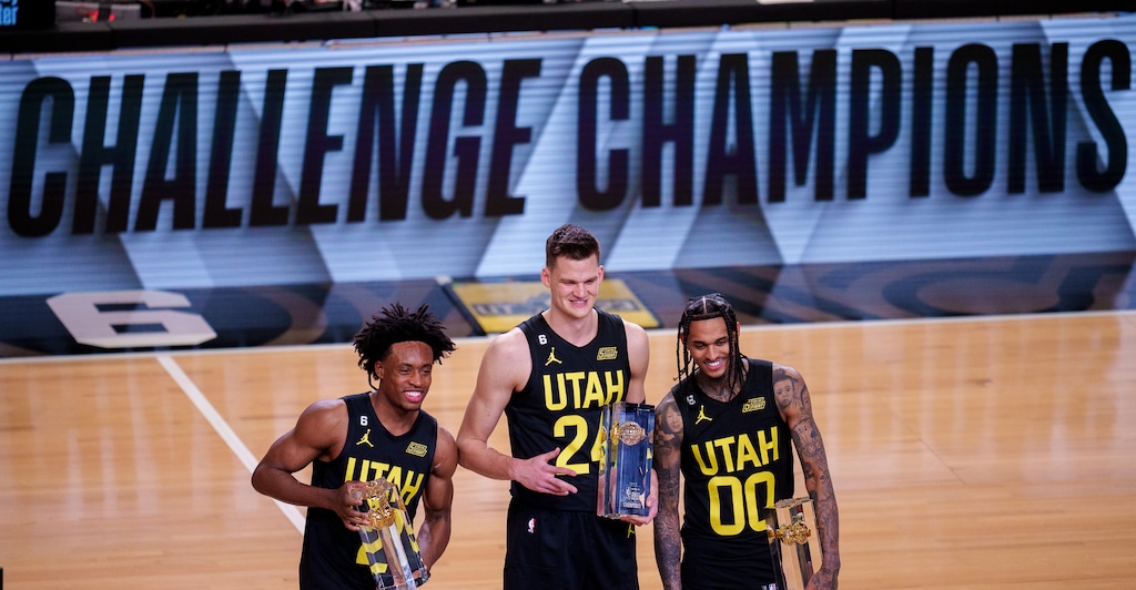 (Trent Nelson  |  The Salt Lake Tribune) Team Jazz, Collin Sexton (2), Team Jazz, Walker Kessler (24) and Team Jazz, Jordan Clarkson (00) celebrate their championship win in the Skills Challenge as part of NBA All-Star Weekend, in Salt Lake City on Saturday, Feb. 18, 2023.