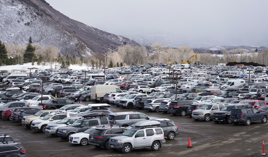 (Bethany Baker  |  The Salt Lake Tribune) Vehicles, seen here in Park City on Friday, March 14, 2025, fill the parking lot at Canyons Village ahead of construction of a new, three-story parking structure to be built in the Cabriolet lot. 