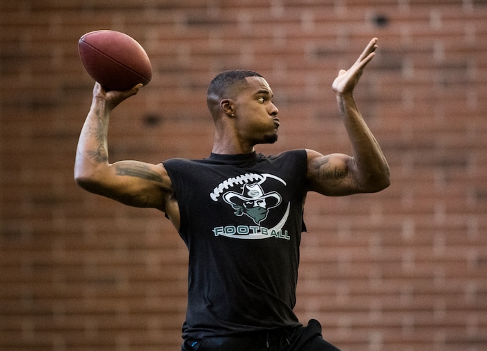 (Rick Egan  |  The Salt Lake Tribune)      Troy Williams throws the ball during University of Utah's 2018 Pro Day for NFL scouts, as Spence Eccles Field House, Wednesday, March 28, 2018.
