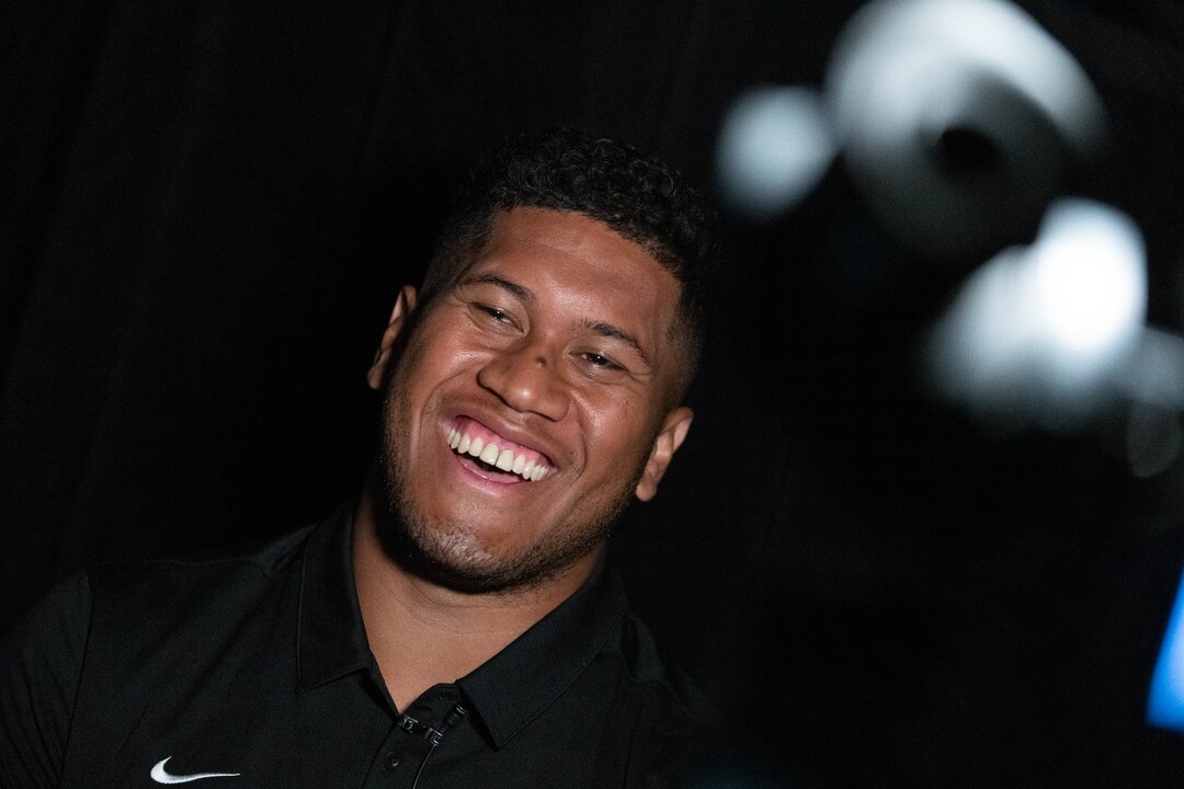 (Francisco Kjolseth | The Salt Lake Tribune) Defensive lineman Uriah Leiataua joins BYU football coaches, players and staff participating in BYU football media day in the BYU Broadcasting Building in Provo on Thursday, June 17, 2021.